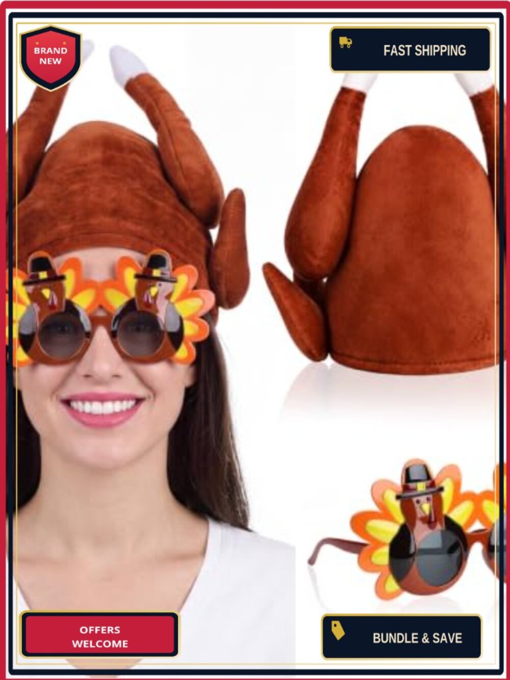 Thanksgiving Turkey Hat & Sunglasses Set Plush Novelty Costume Accessory Adults